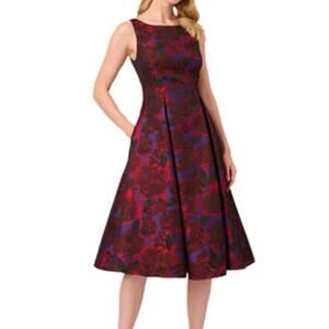 Adrianna Papell Metallic Jacquard Tea-Length Fit & Flare Purple Red Dress Sz 8